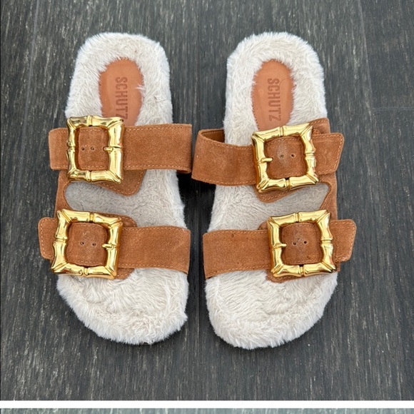 SCHUTZ  Enola Tan and Gold Fur-Lined Slides - Picture 7 of 7